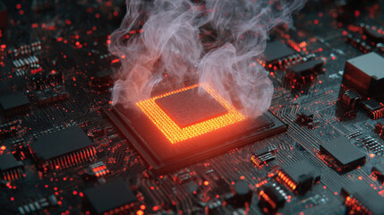 Dark close-up motherboard with bright red glowing CPU and thin smoke trails indicating critical hardware damage