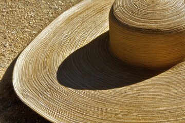 Wide-brimmed straw hat casts a shadow on sand