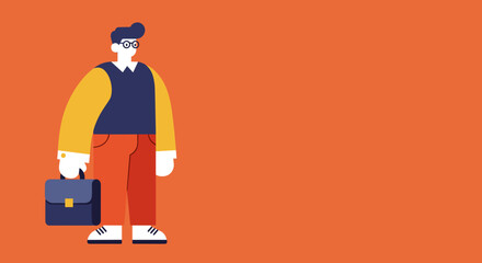 Stylized illustration of a smiling young professional man in glasses, holding a briefcase against a vibrant orange background. Ideal for business, education, or creative concepts.