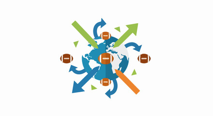 Vector illustration representing the global expansion and international popularity of American football with a world map and arrows