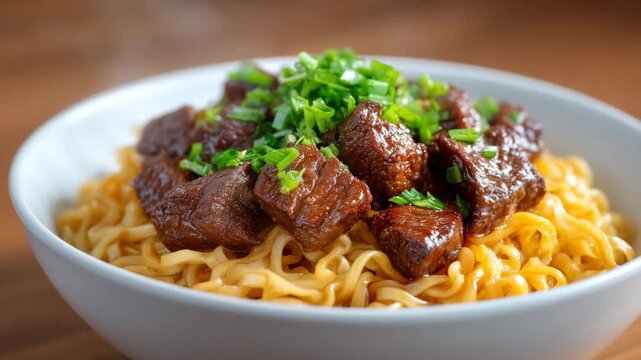 Savoury Noodle Bowl: A mouthwatering bowl of noodles, richly garnished with tender, juicy meat cubes, offers a delightful culinary experience. A vibrant display of textures and flavors.