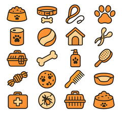 Orange pet care icons illustrate essential supplies. Ideal websites, apps, marketing materials.