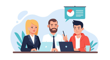 Professional business team collaborating on a project in a modern office. Illustrates teamwork, data analysis, and corporate communication for presentations or meetings.