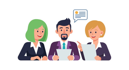 Three diverse business professionals smiling, collaborating, and communicating during a meeting with documents. Ideal for corporate discussions, teamwork, or financial planning concepts.