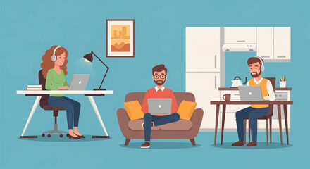 Diverse people happily work remotely from their comfortable home settings using laptops, ideal for business, online learning, or digital lifestyle concepts.