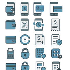 Collection flat design icons illustrating various secure mobile payment methods including credit cards, wallets, QR codes, POS systems.