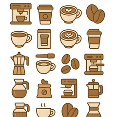 Collection delightful coffee icons showcasing various brewing methods, coffee cups, beans. Perfect cafe menus, websites, coffee-themed projects.