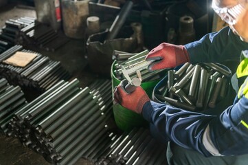 Workpiece Inspection: Hands in Red Gloves Using Vernier Caliper for Accuracy Machining Process:...
