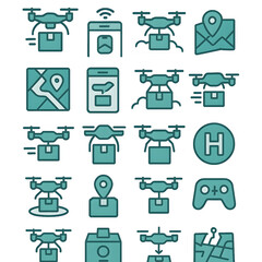 Collection teal-colored icons depicting drone delivery, package tracking, related logistics.