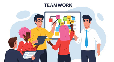 Diverse business team collaborating on a project, brainstorming ideas on a whiteboard with sticky notes. Illustrates partnership, innovation, and successful strategy.