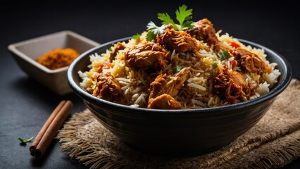 Savory Chicken Biryani in a Dark Bowl, Highlighted by Dramatic Lighting and Spices.