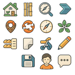 Collection diverse, colorful app icons including home, navigation, communication, more, perfect web design mobile app development.