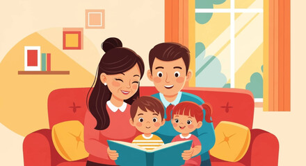 Happy family reading a book together on a red sofa in their home, showing togetherness, learning, and domestic life. Ideal for themes of parenting, education, and childhood.