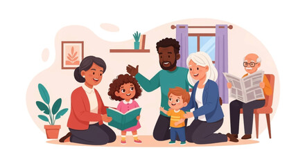 Happy multi-generational family bonding at home. Grandmother reads to a child, parents interact, and grandfather reads a newspaper, depicting togetherness and learning.