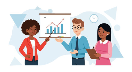 Diverse business professionals collaborate on a presentation, analyzing growth and strategy with charts. Represents teamwork, data analysis, and corporate success.