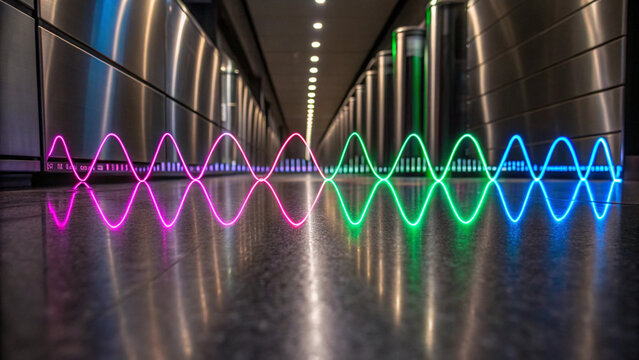 Colorful Neon Waveforms on a Shiny Floor in a Modern Tunnel light sound