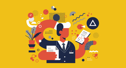 Business professional in suit analyzing financial reports and planning strategies, illustrating corporate management, growth, and analytics.