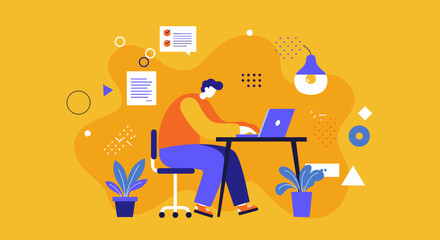 Man working on laptop at desk, illustrating productivity, remote work, and creative problem-solving in a modern office or home setting.