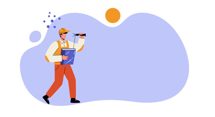 A person in a cap and overalls searches with a monocular, holding a device on an abstract background. Represents exploration, discovery, future vision, business strategy, or research.