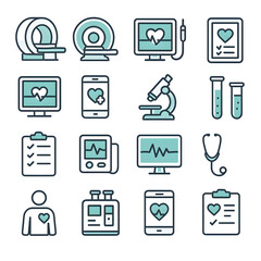 Collection sixteen teal white medical icons, including MRI, EKG, test tubes, stethoscope, more, perfect healthcare websites app design.
