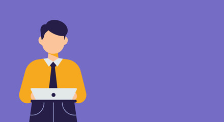 Professional man in flat design style, holding a laptop on a vibrant purple background. Ideal for business, technology, or digital communication concepts.