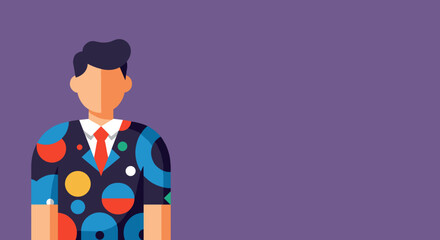 A stylized illustration of a businessman in a colorful, modern suit. Represents creativity, individuality, and contemporary style for business and lifestyle.