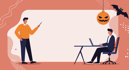 Halloween-themed business meeting with presenter and laptop user. Festive office illustration with copy space, ideal for seasonal corporate events or holiday promotions.