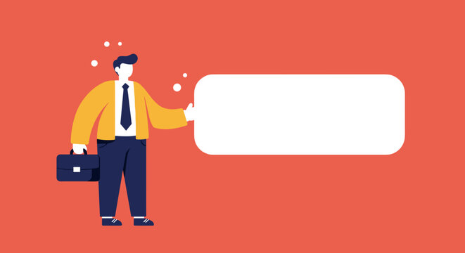 Illustrated businessman with a briefcase pointing to a customizable blank text box, symbolizing communication, information, or announcements.