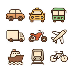 Nine adorable illustrated icons depicting various modes transportation, perfect travel, logistics, children's content.