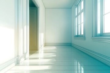 Fototapeta premium Bright and Minimalist Interior Hallway with Sunlight Streaming Through Windows