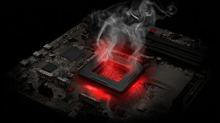 Dark close-up motherboard with bright red glowing CPU and thin smoke trails indicating critical hardware damage