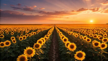 Endless field of sunflowers at sunset with dramatic sky and sun rays agriculture nature