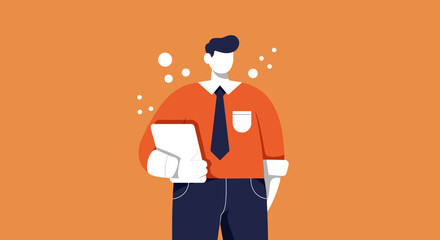 An illustration of a confident businessman holding a tablet, ideal for concepts of innovation, communication, technology, and corporate productivity.