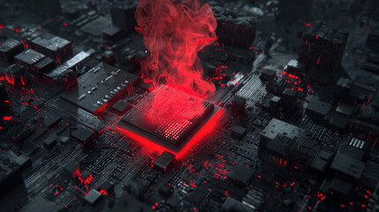 Dark close-up motherboard with bright red glowing CPU and thin smoke trails indicating critical hardware damage