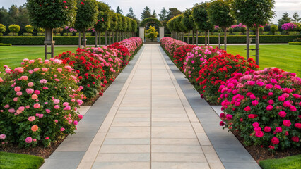 Obraz premium Formal Garden Pathway Lined with Rows of Blooming Pink and Red Roses and Topiary Trees flowers
