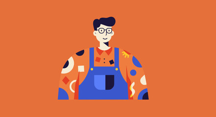 Friendly minimalist illustration of a smiling man in glasses and overalls, representing creativity, education, or a unique professional identity. Ideal for business, lifestyle, or tech concepts.