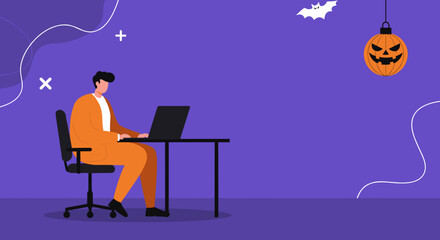 Man in orange suit working on a laptop at a desk with Halloween decorations, including a pumpkin and bat. Represents modern work, remote productivity, and seasonal celebration.
