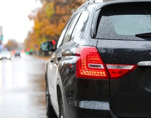 Black car's rear on a wet city street with its bright taillight illuminated
