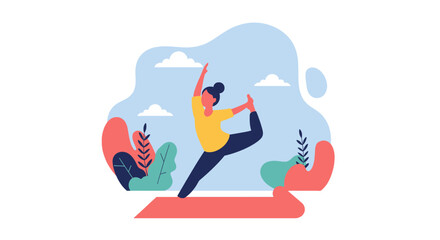 Woman practicing a graceful yoga pose on a mat amidst stylized nature, promoting wellness, balance, and a healthy lifestyle.