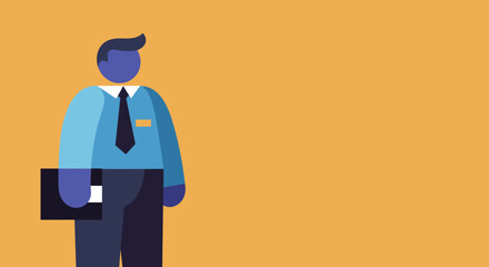 Professional businessperson illustration, wearing a blue shirt and tie, holding a folder on an orange background. Ideal for business, corporate, or educational concepts. Copy space.
