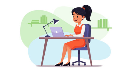 Smiling professional woman working on a laptop at her desk, symbolizing productivity, remote work, online business, and efficient digital communication.