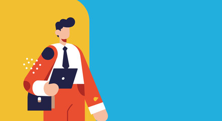 Professional businessman holding a laptop and briefcase, representing modern corporate work, digital communication, and innovation concepts.