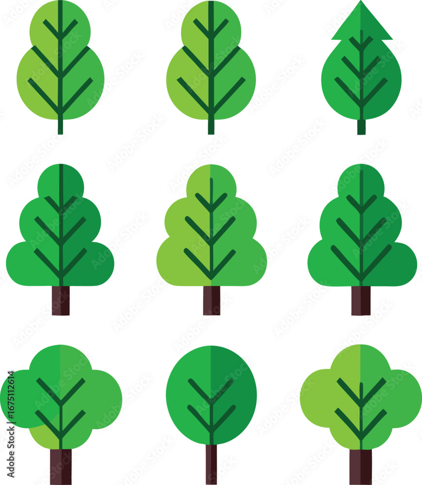 Poster collection of stylized green trees in various shapes representing different forest elements for digi