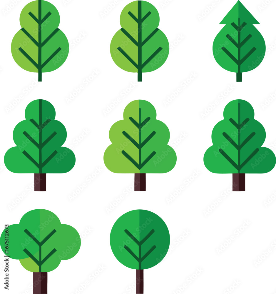 Poster collection of stylized green trees various shapes and sizes natural elements perfect for design proj