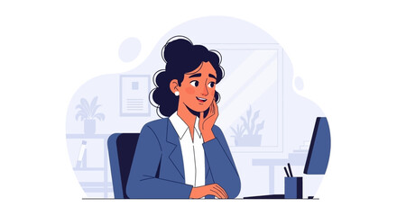 Smiling businesswoman engaged in thought at her desk in a modern office. Represents professionalism, productivity, and a positive work environment.