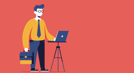 Professional man with glasses, laptop, and briefcase, embodying remote work, digital business, and modern productivity. Ideal for corporate, freelance, and online enterprise concepts.