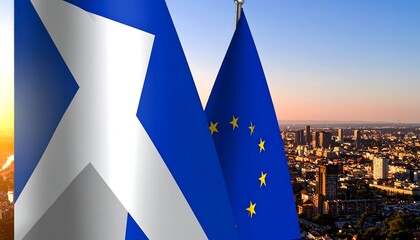Scotland, EU flags, city skyline, sunset