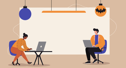 Modern professionals working on laptops in a collaborative office space with a Halloween theme, ideal for business, remote work, or seasonal concepts.
