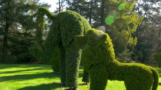 Lush green topiary animals in a garden setting