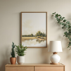 Poster mockup in a modern living room interior. Frame mockup with ISO A paper size. 3D illustration.